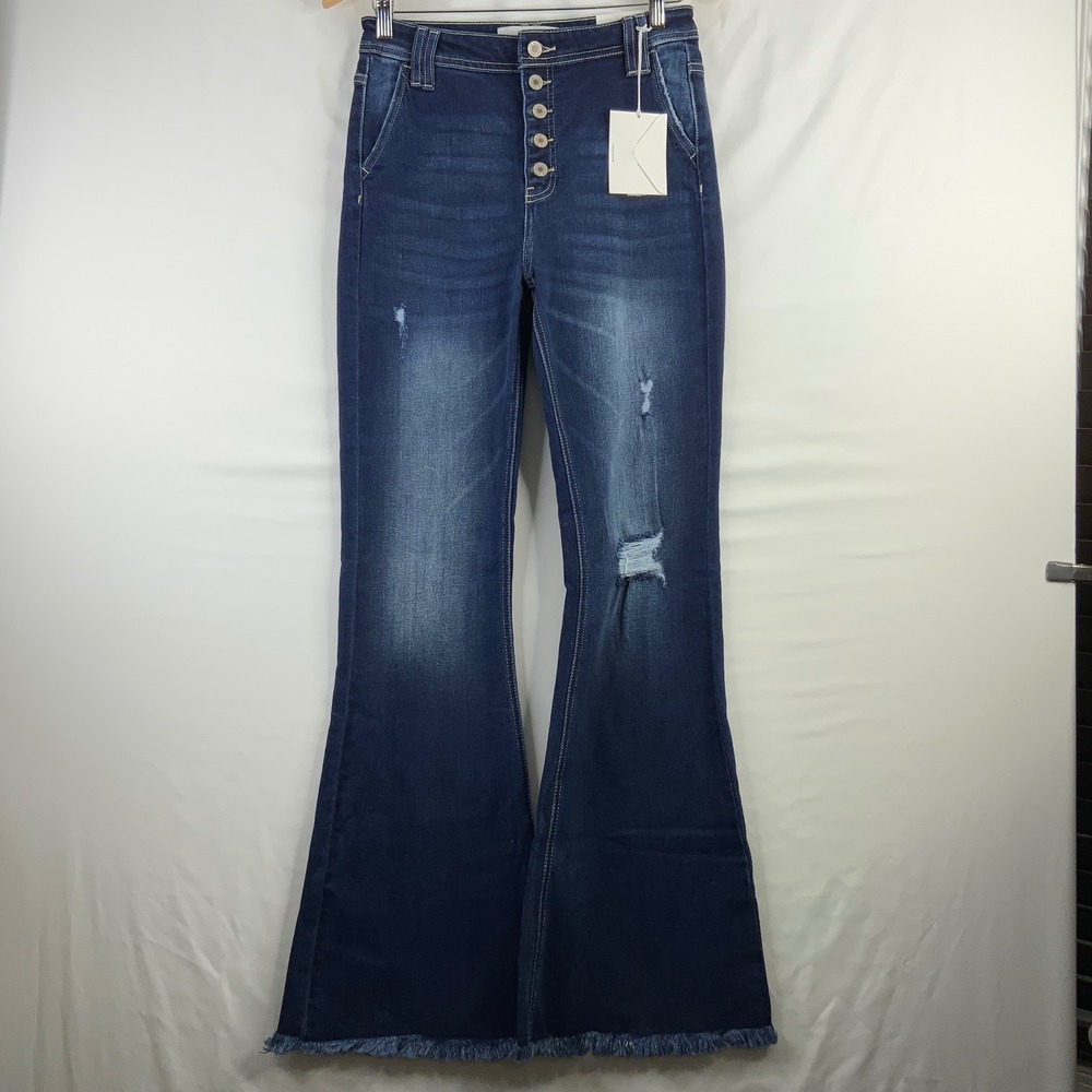 Kancan High Rise Flare Jeans Distressed Button Fly Dark Wash Size 7 27 NEW